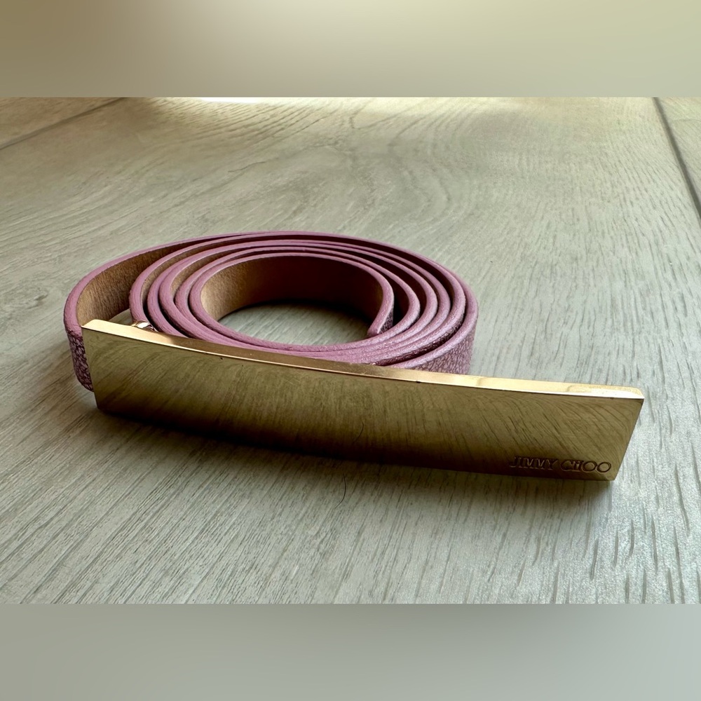 Jimmy Choo Blush Pink Leather Belt with Gold Bar Buckle